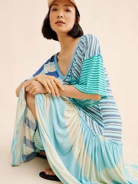 Free People Shellyanne Striped Maxi Dress boho beach blue and cream